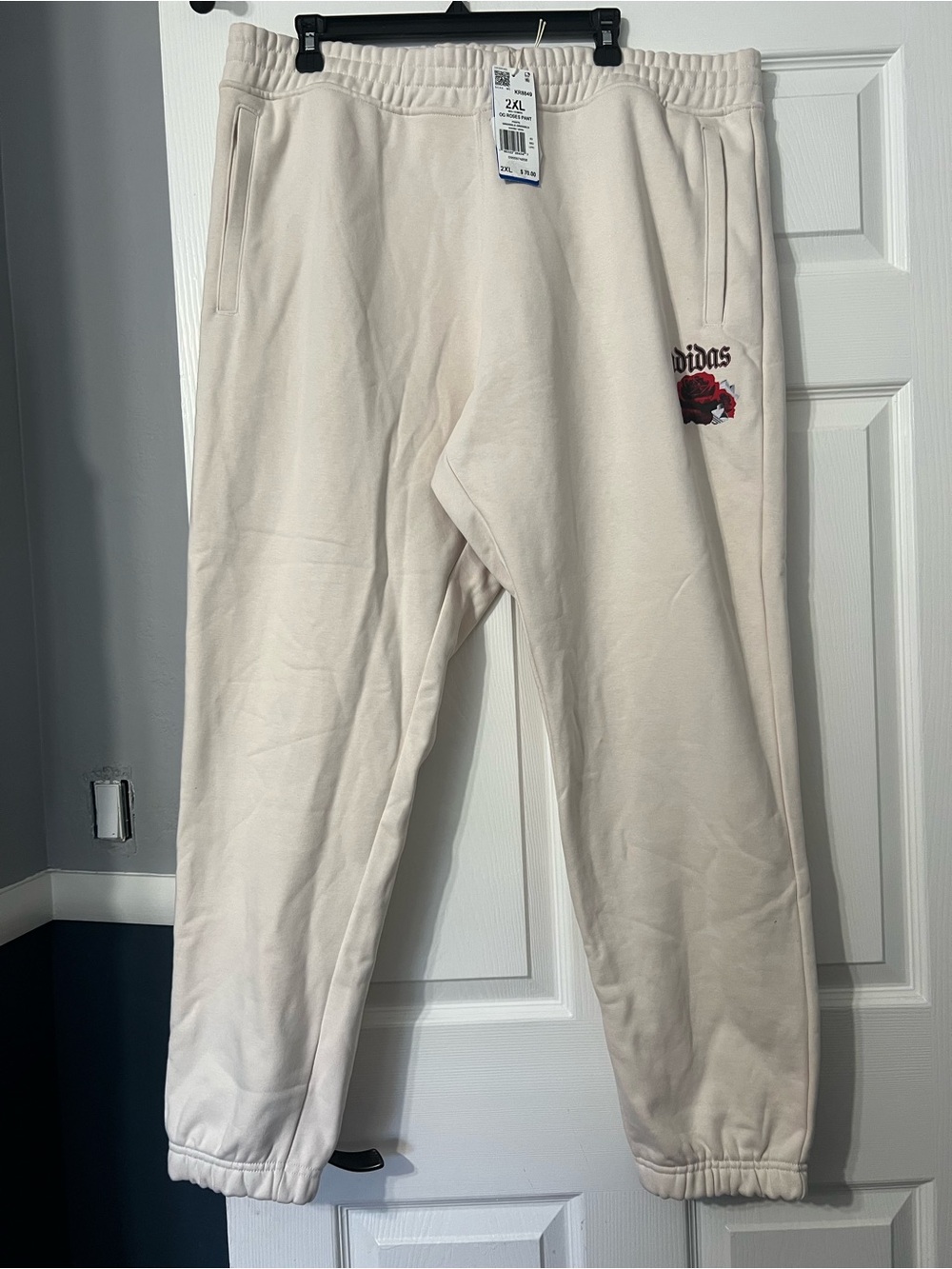 adidas Cream Track Joggers with Red Rose Accent